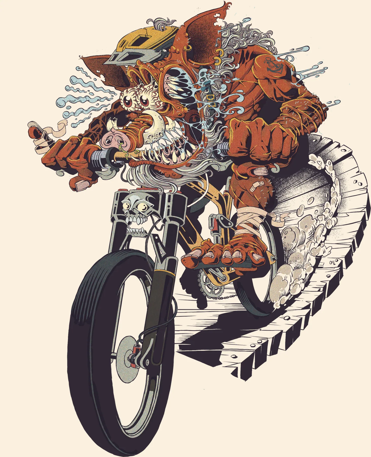 Illustration of a boar riding a motorcycle