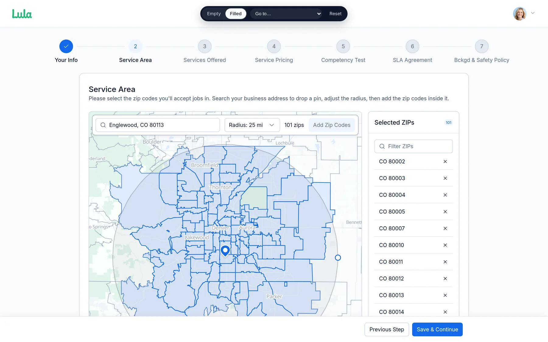 Pro onboarding · service area as a zip radius