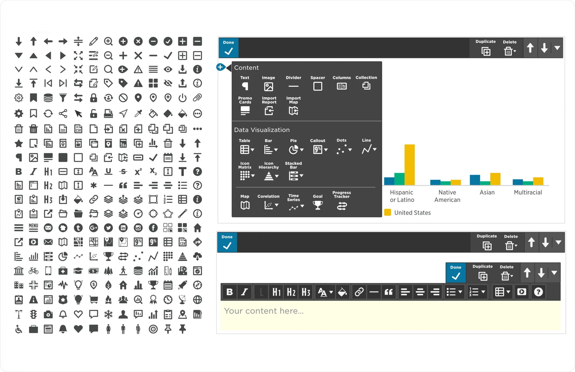 Custom component editing UI and the data viz icon set.