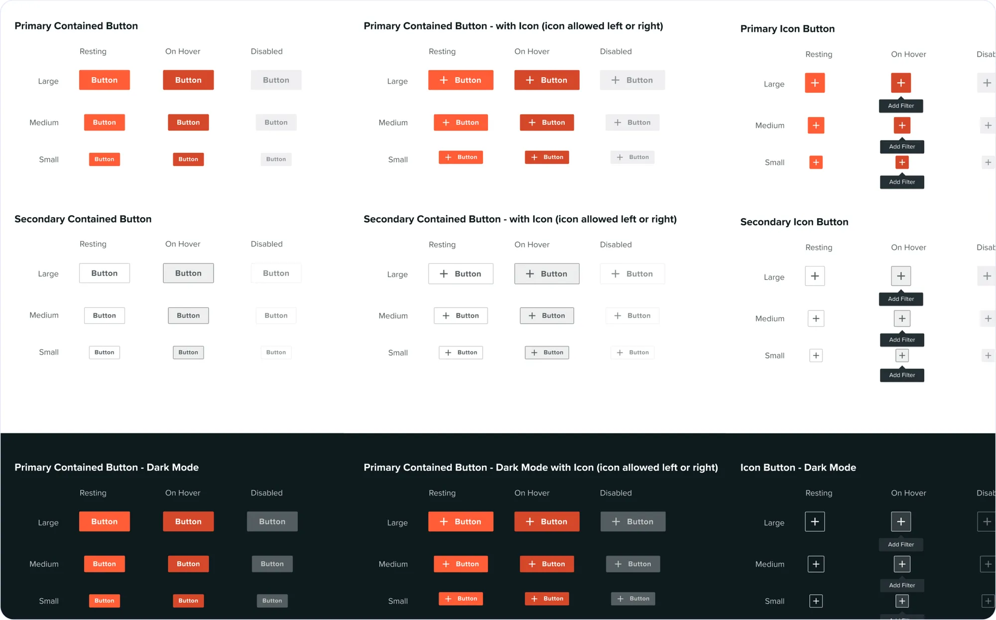 Primary, secondary, icon, and dark variants with state behavior.
