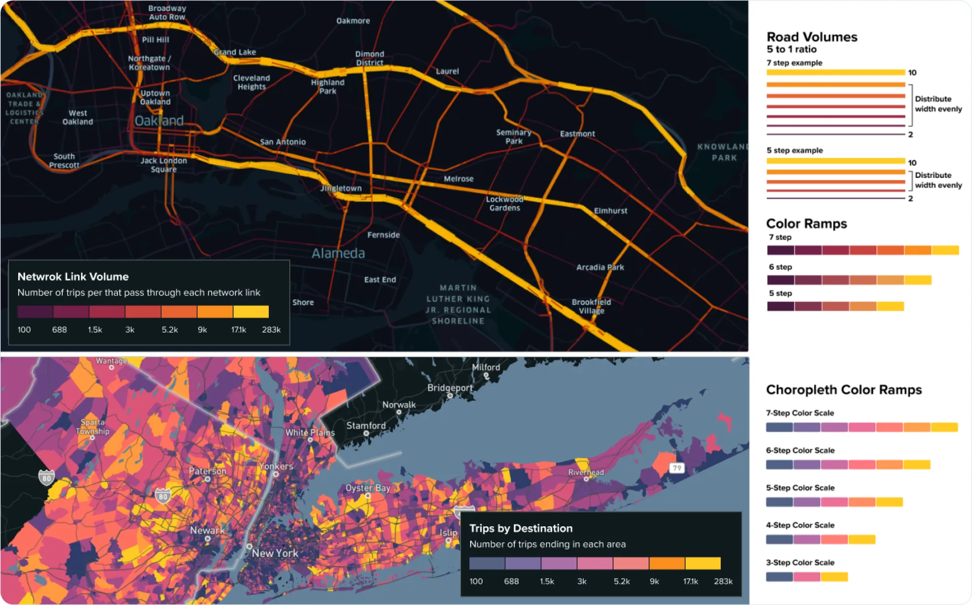 Basemap styling, link width ratios for network volumes, legend formats, and 3–7 step ramps so the same dataset renders consistently across studies.