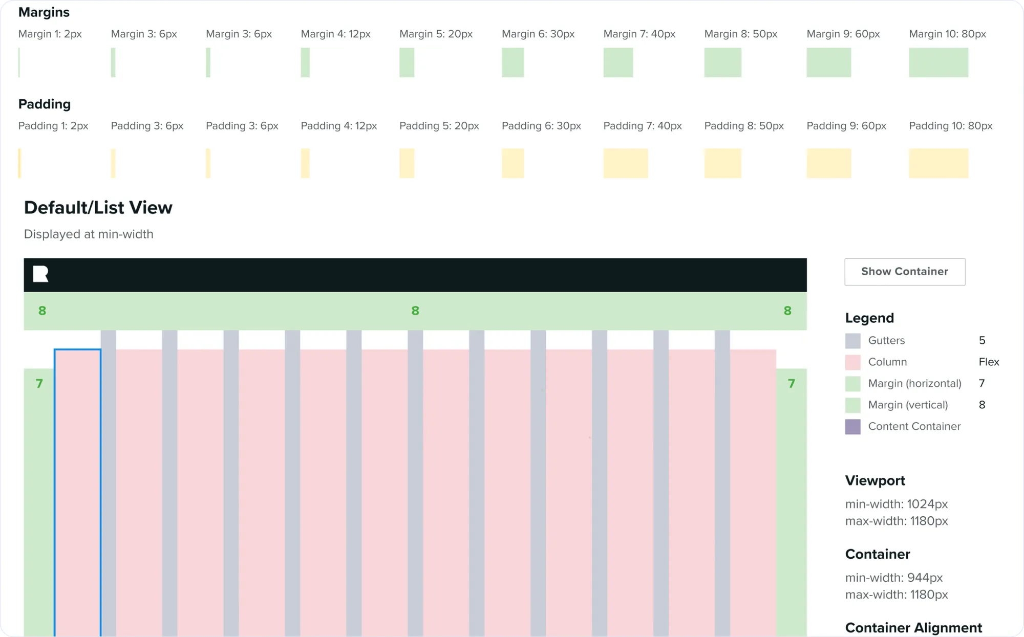 Grid and container rules so layouts stay aligned across pages and screen sizes.
