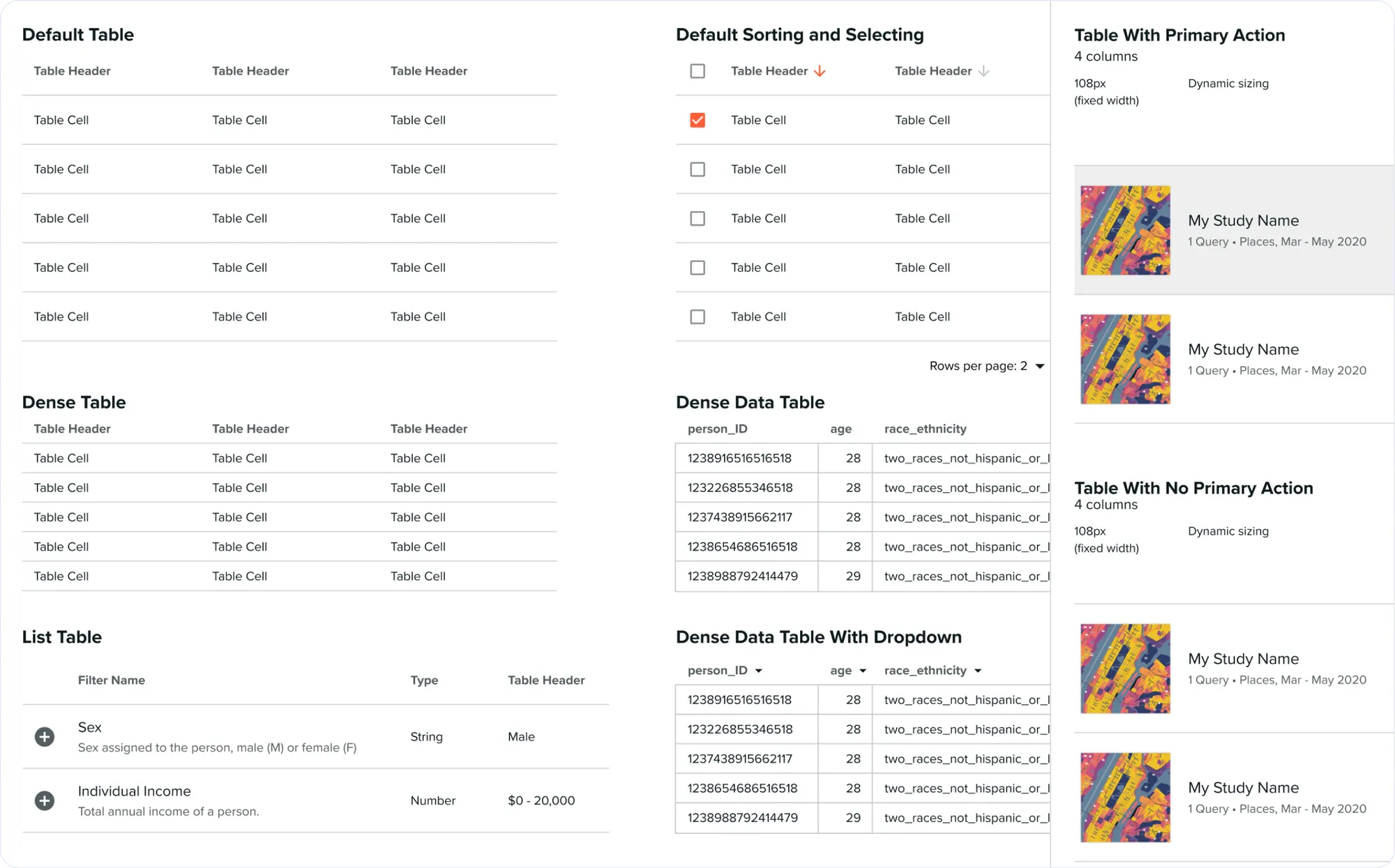 Dense and default table styles, selection, sorting, and list-style panels for saved items.