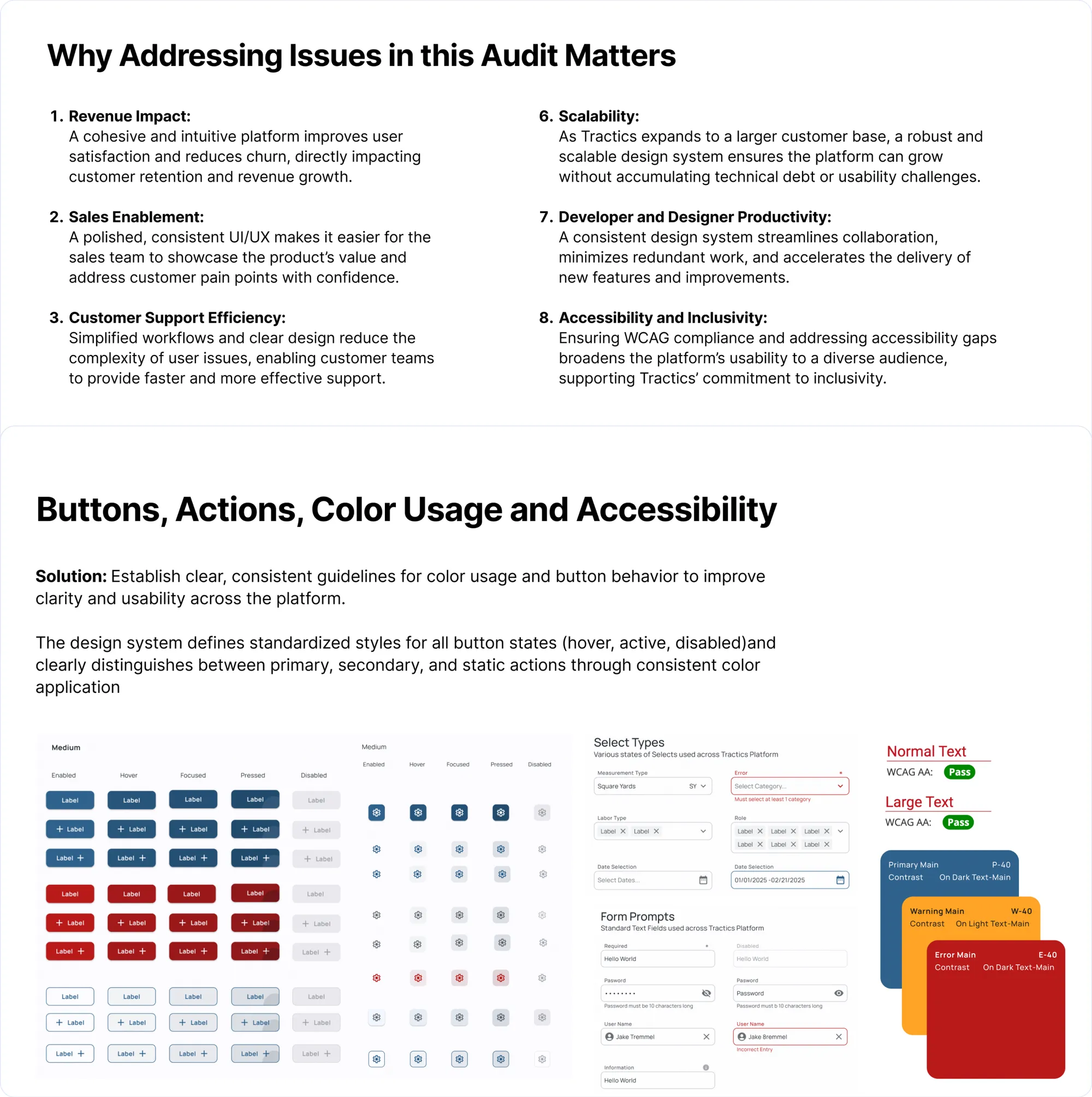 A strategy and execution slide: why the audit issues mattered, and the button and color standards that answered them.