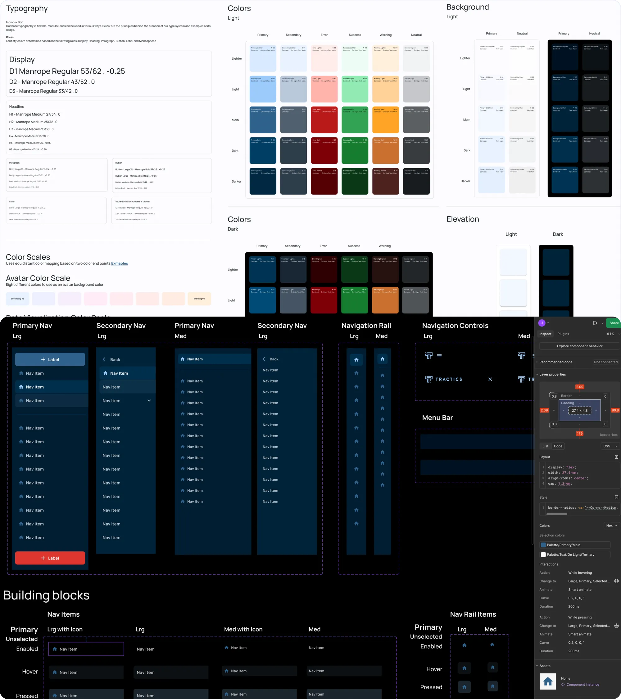 The Tractics design system: typography, color and building blocks in light and dark.