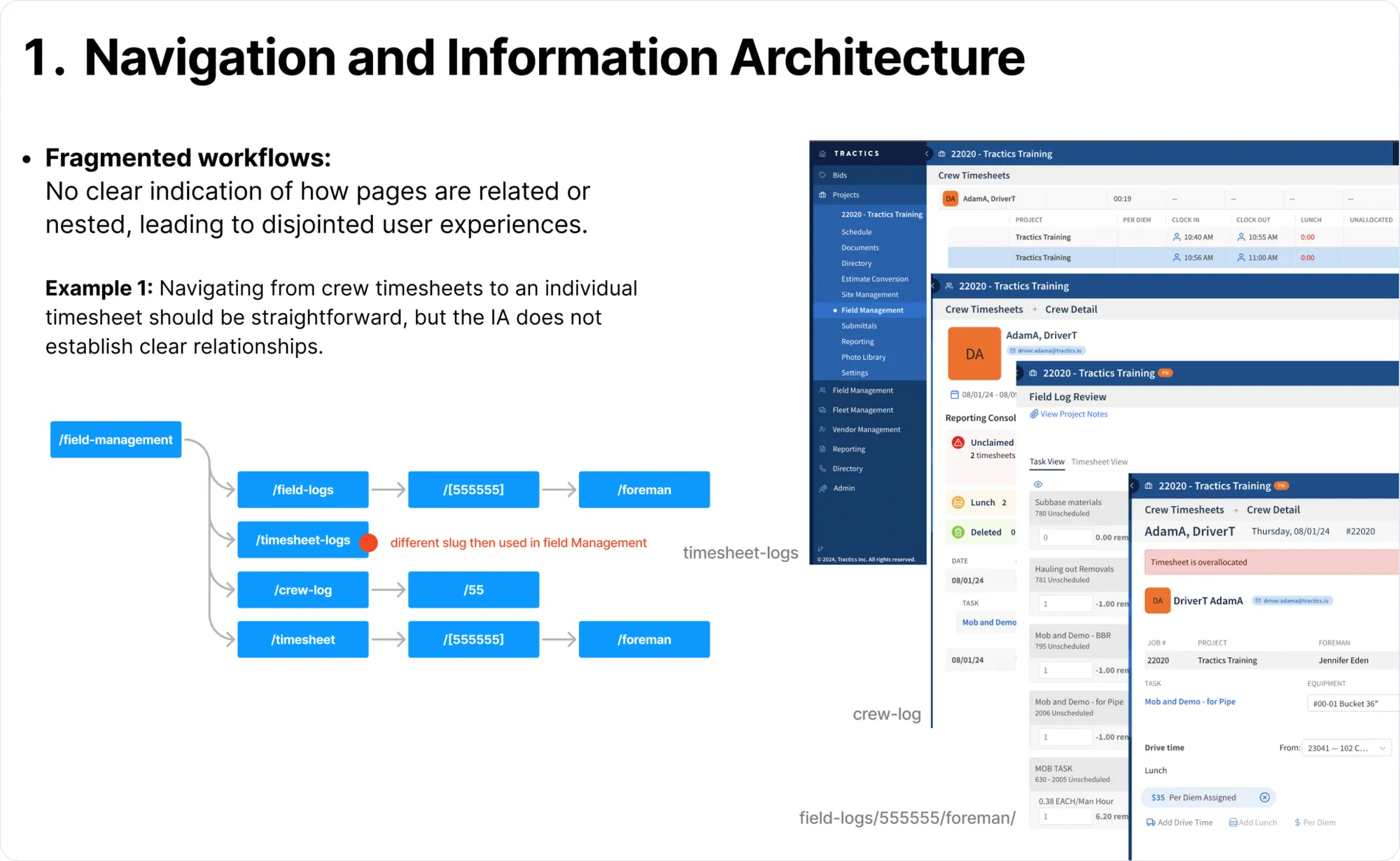 A slide from the Tractics audit deck: navigation and information architecture.